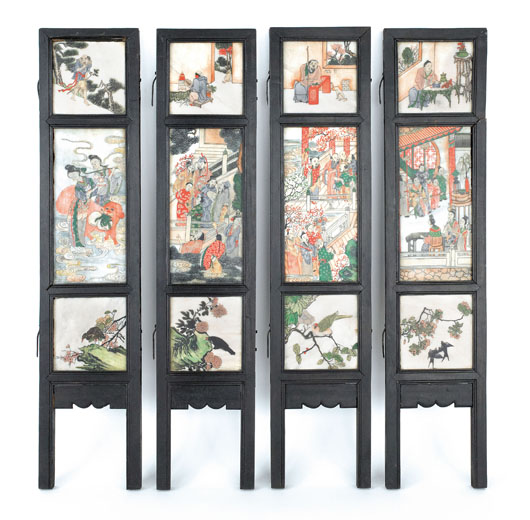 Chinese tabletop four-panel folding screen, circa 1900, with 12 painted marble panels, 34 inches high, 30 1/2 inches wide. Estimate: $1,000-$2,000. Image courtesy of Pook & Pook.